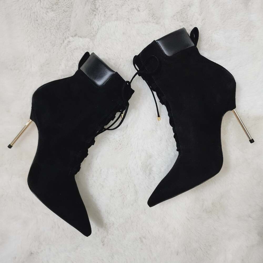 NEW Good American Scandal Black Suede Gold Stiletto Lace Up Bootie Size 8.5